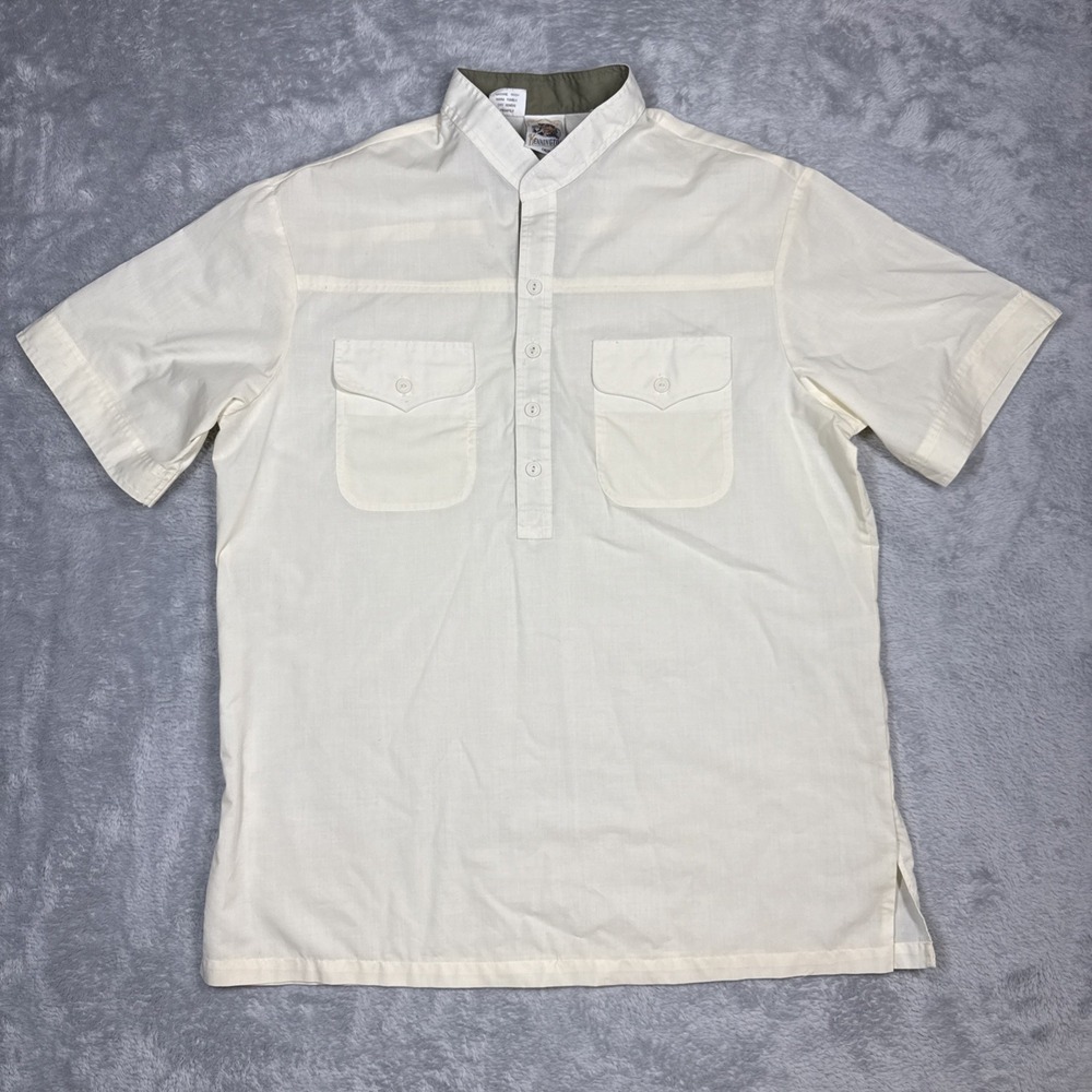 Vintage Kennington Shirt Men Large Ivory Half Button Henley Band Collar Pockets